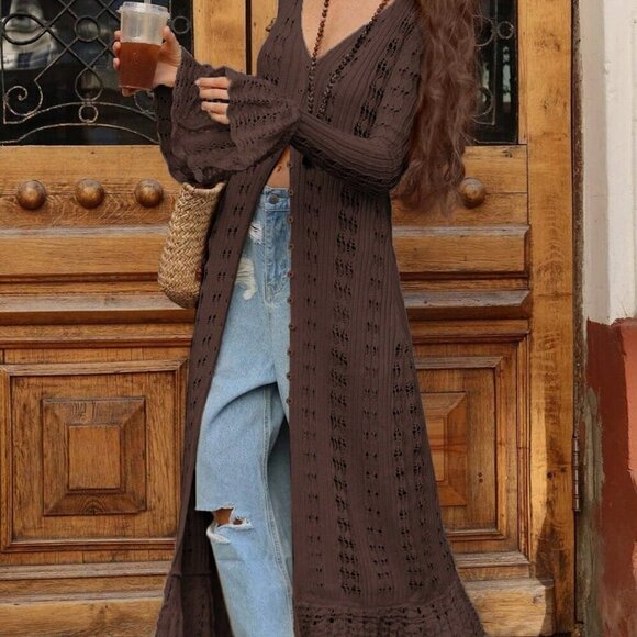 Sweaters - Brown Casual Women's Long Sleeve Button Elegant Crochet caridgan
